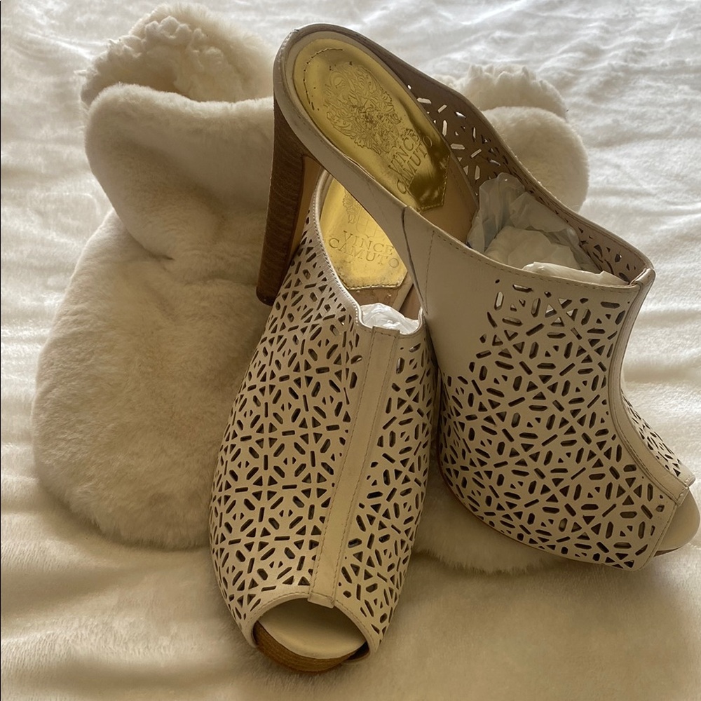 Vince Camuto Cream Laser-Cut Mules